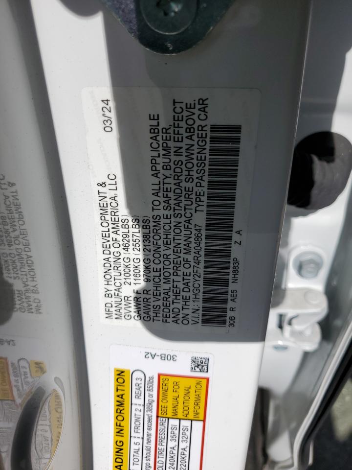 2024 Honda Accord VIN 1HGCY2F74RA048647 Copart auction photo, side damage thumbnail 12