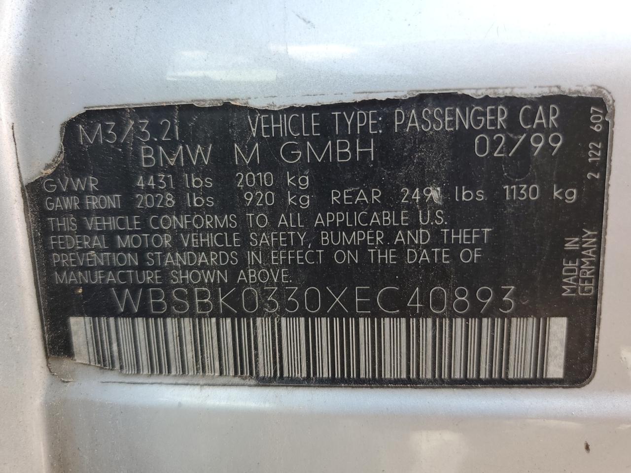 1999 BMW M3 VIN WBSBK0330XEC40893 Copart auction photo, minor dent/scratches damage thumbnail 12