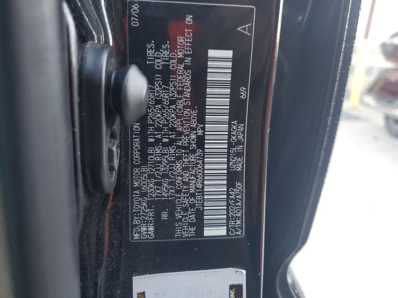 2006 Toyota 4Runner VIN JTEBT14R660064739 Copart auction photo, side damage thumbnail 13