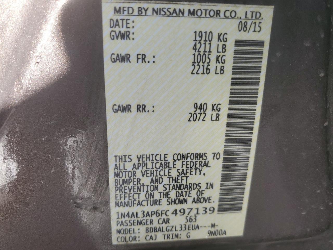 2015 Nissan Altima VIN 1N4AL3AP6FC497139 Copart auction photo, rear end / hail damage thumbnail 13