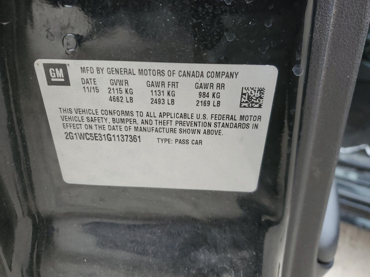 2016 Chevrolet Impala VIN 2G1WC5E31G1137361 Copart auction photo, front end / side damage thumbnail 13