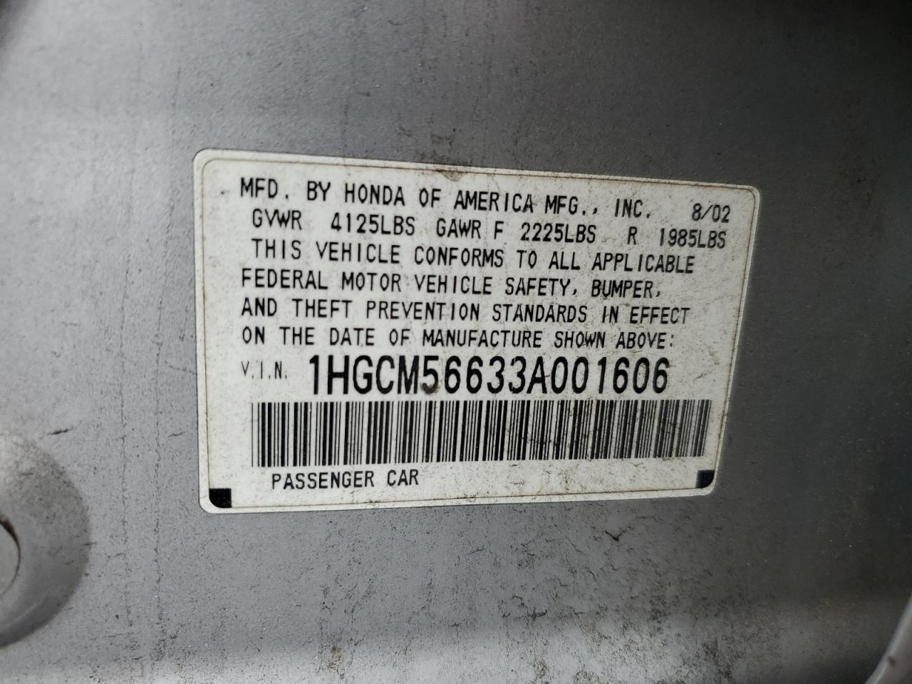 2003 Honda Accord VIN 1HGCM56633A001606 Copart auction photo, rear end / front end damage thumbnail 12