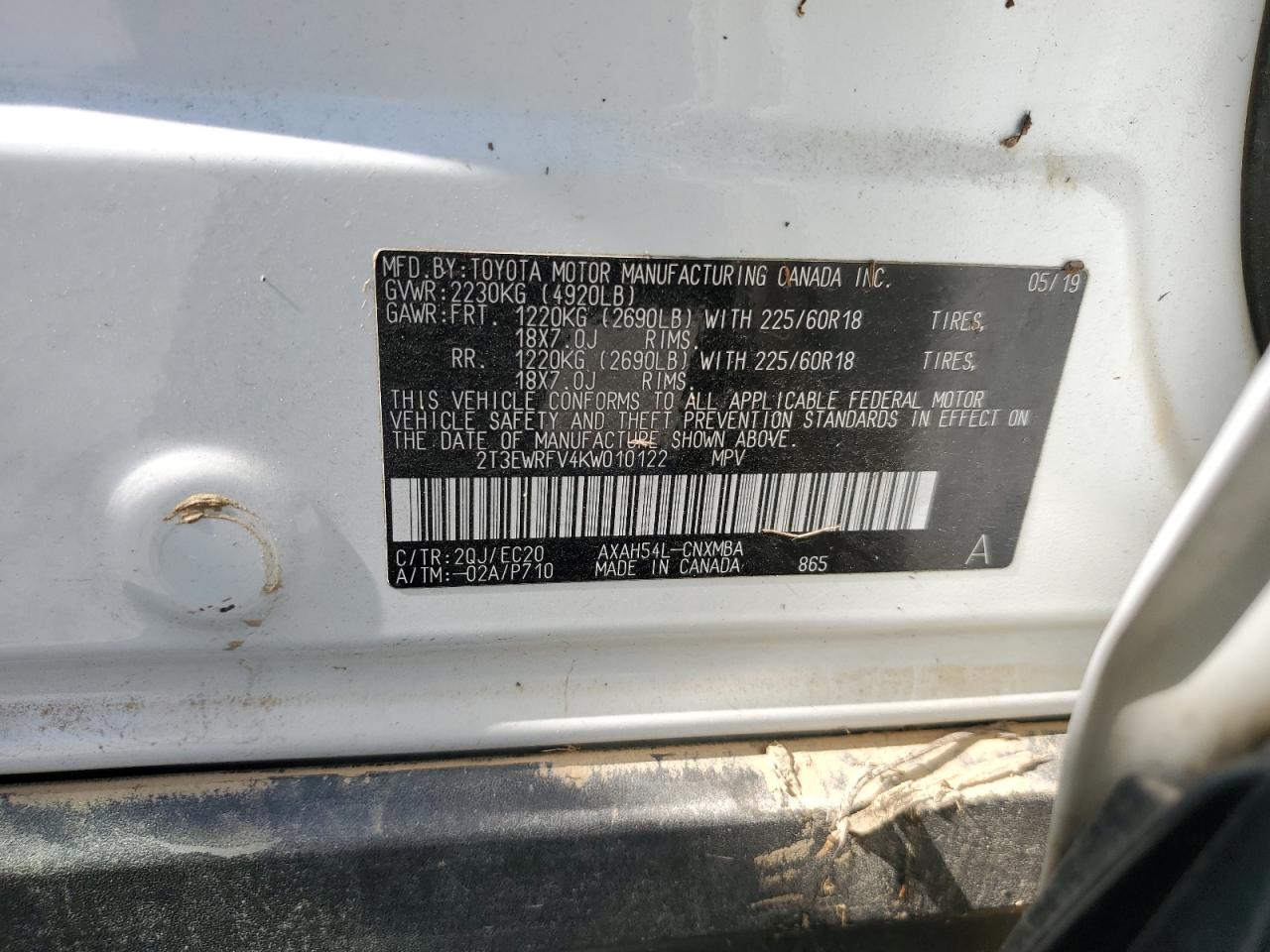 2019 Toyota RAV 4 VIN 2T3EWRFV4KW010122 Copart auction photo, water/flood damage thumbnail 12
