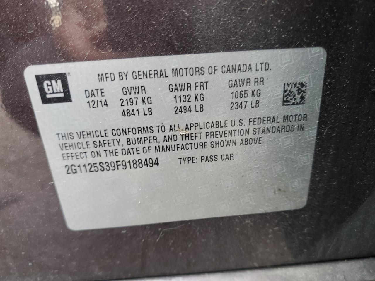 2015 Chevrolet Impala VIN 2G1125S39F9188494 Copart auction photo, front end / mechanical damage thumbnail 13