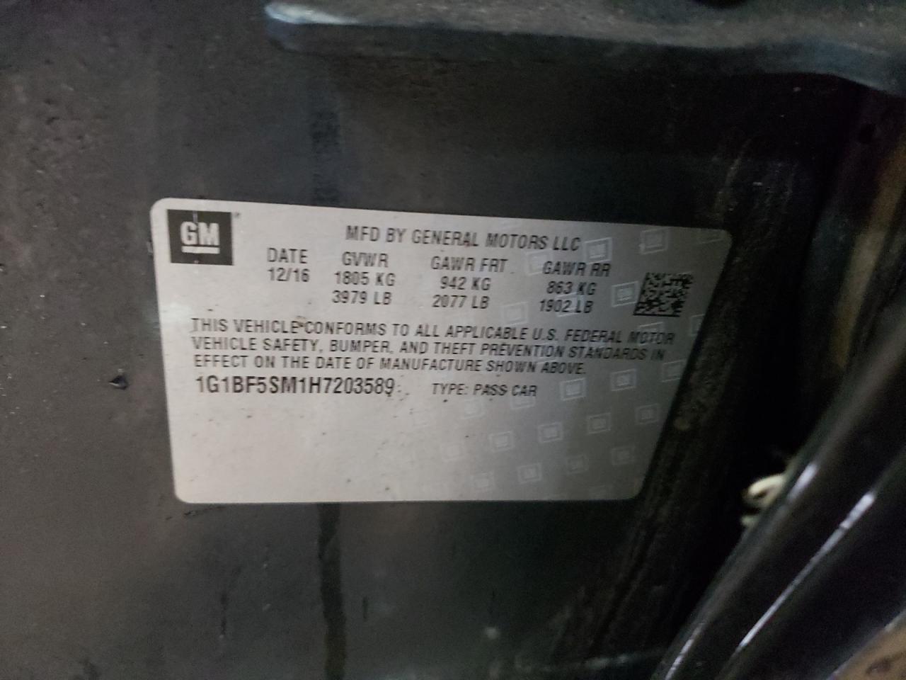 2017 Chevrolet Cruze VIN 1G1BF5SM1H7203589 Copart auction photo, rear end damage thumbnail 12