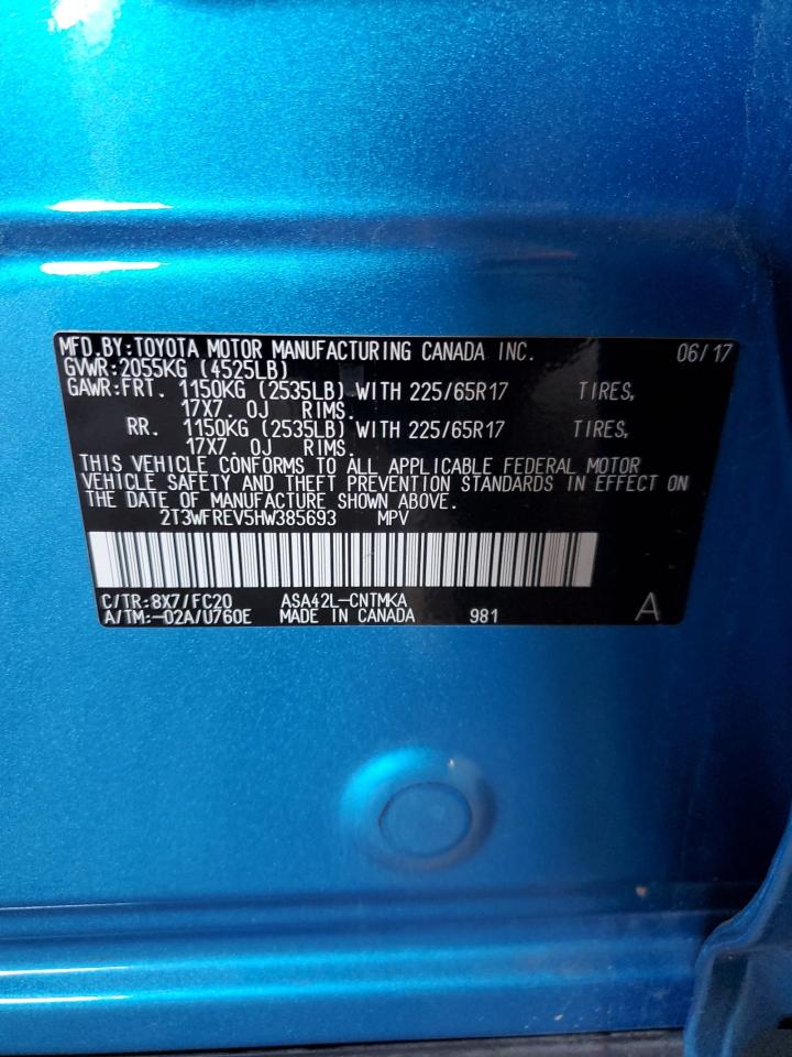 2017 Toyota RAV 4 VIN 2T3WFREV5HW385693 Copart auction photo, rear end damage thumbnail 12