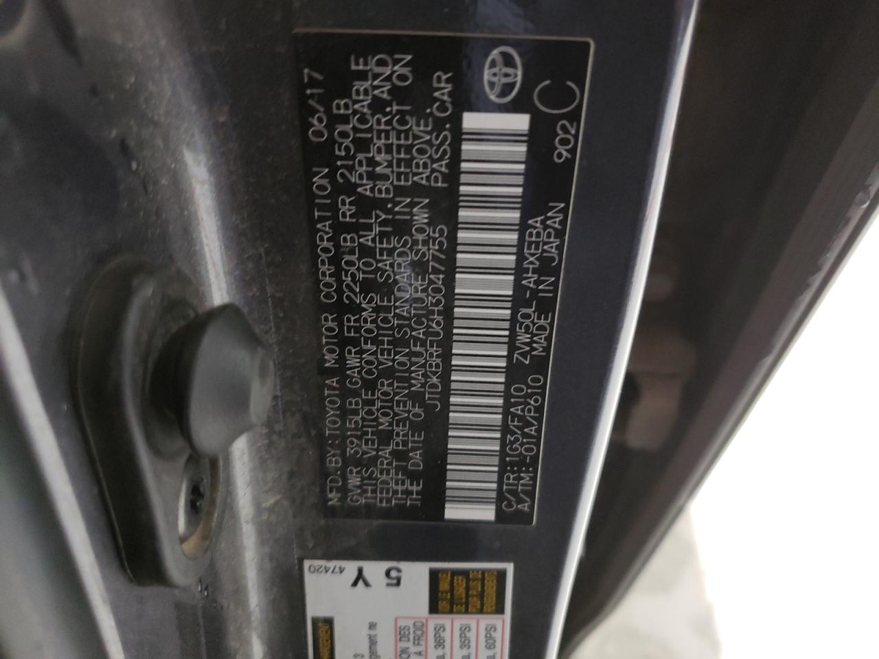 2017 Toyota Prius VIN JTDKBRFU6H3047755 Copart auction photo, front end damage thumbnail 14
