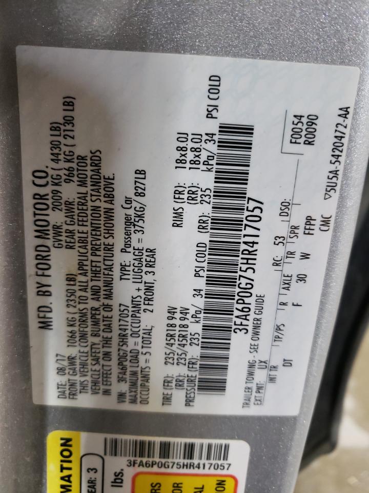 2017 Ford Fusion VIN 3FA6P0G75HR417057 Copart auction photo, front end / hail damage thumbnail 15