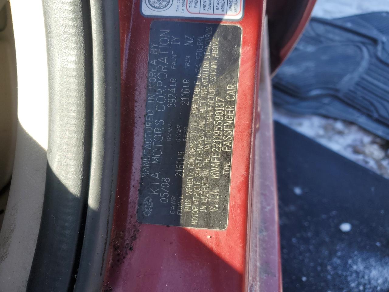 2009 KIA Spectra VIN KNAFE221195590137 Copart auction photo, front end / minor dent/scratches damage thumbnail 14