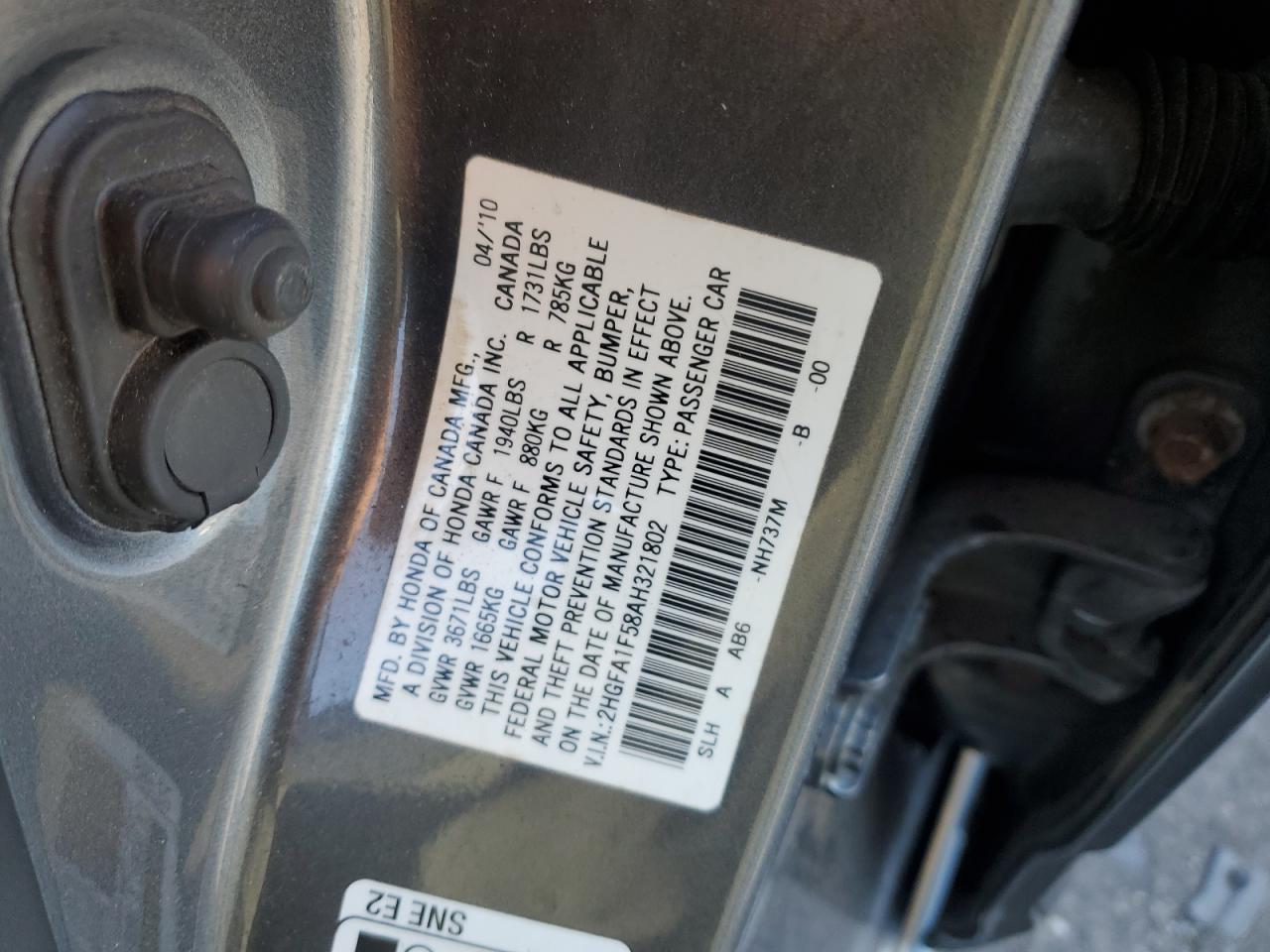 2010 Honda Civic VIN 2HGFA1F58AH321802 Copart auction photo, front end / minor dent/scratches damage thumbnail 12