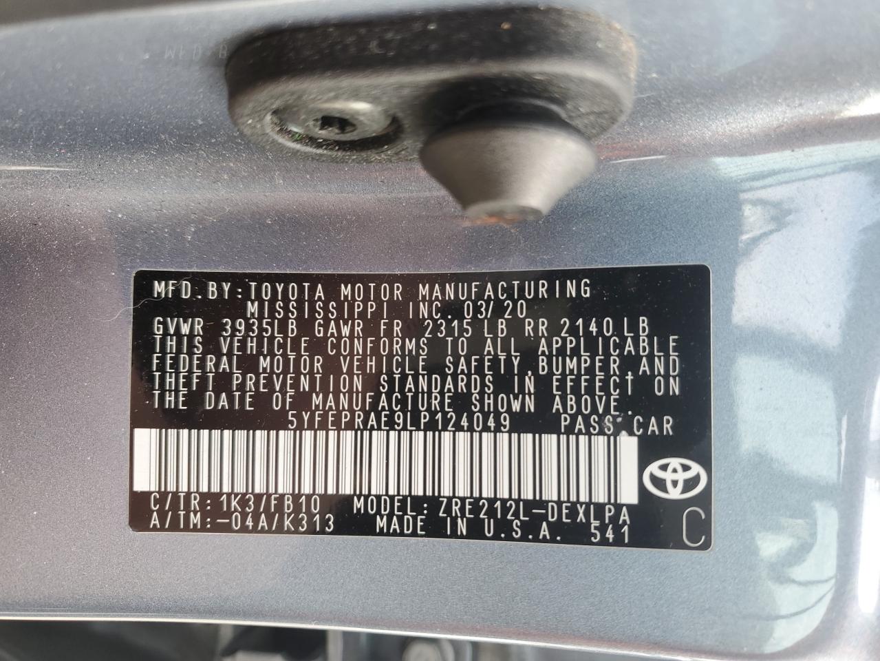 2020 Toyota Corolla VIN 5YFEPRAE9LP124049 Copart auction photo, front end / undercarriage damage thumbnail 12