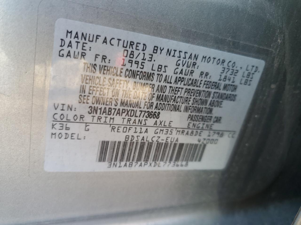2013 Nissan Sentra VIN 3N1AB7APXDL773668 Copart auction photo, front end damage thumbnail 13