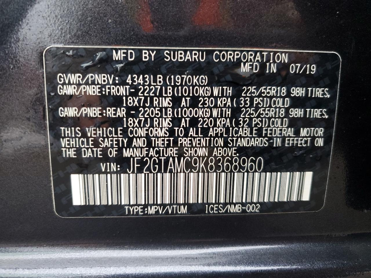 2019 Subaru XV VIN JF2GTAMC9K8368960 Copart auction photo, side damage thumbnail 14