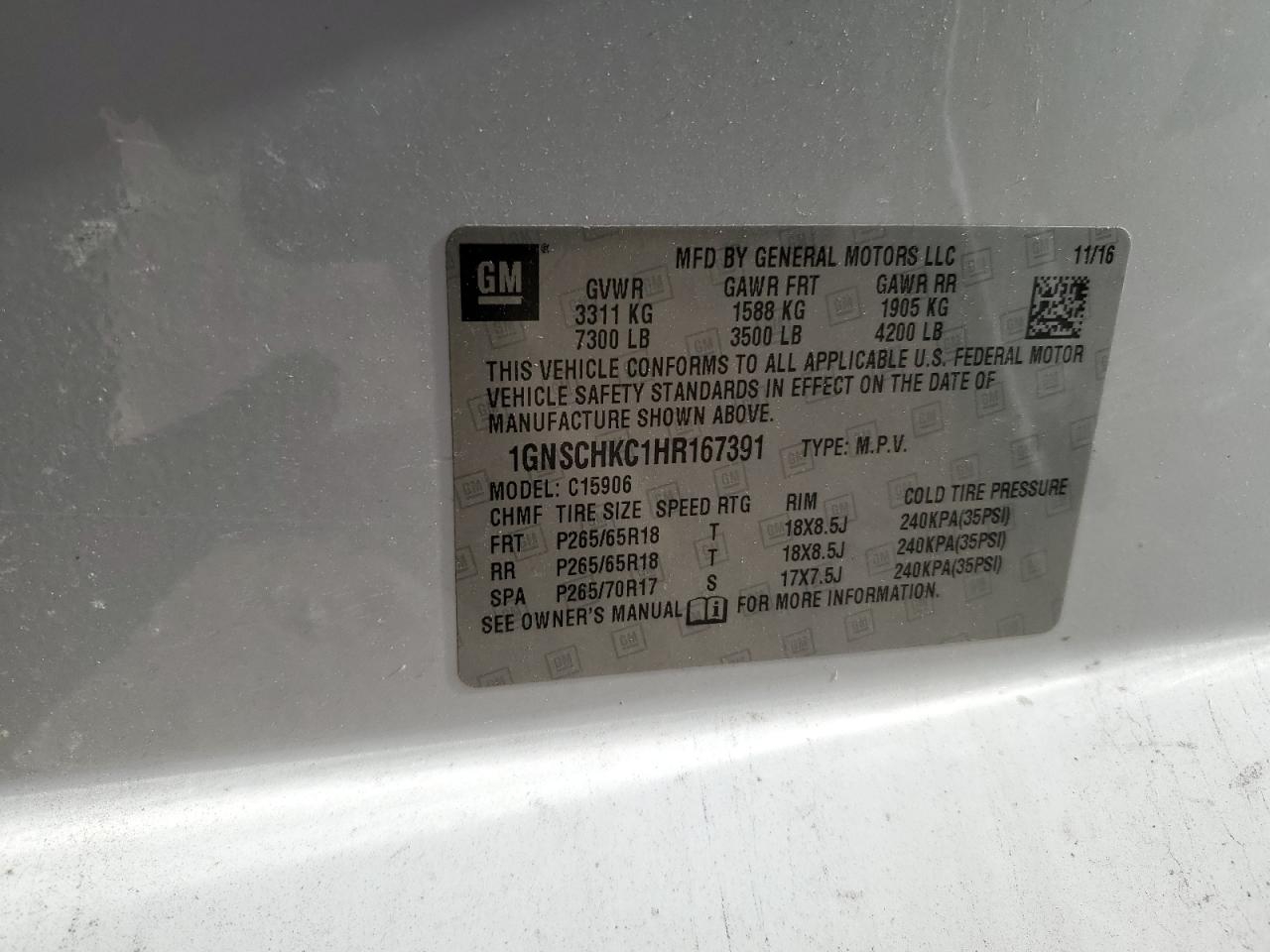 2017 Chevrolet Suburban VIN 1GNSCHKC1HR167391 Copart auction photo, front end damage thumbnail 14