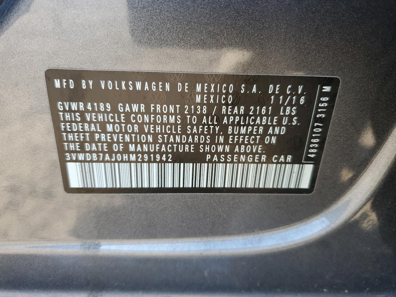 2017 Volkswagen Jetta VIN 3VWDB7AJ0HM291942 Copart auction photo, rear end / side damage thumbnail 12