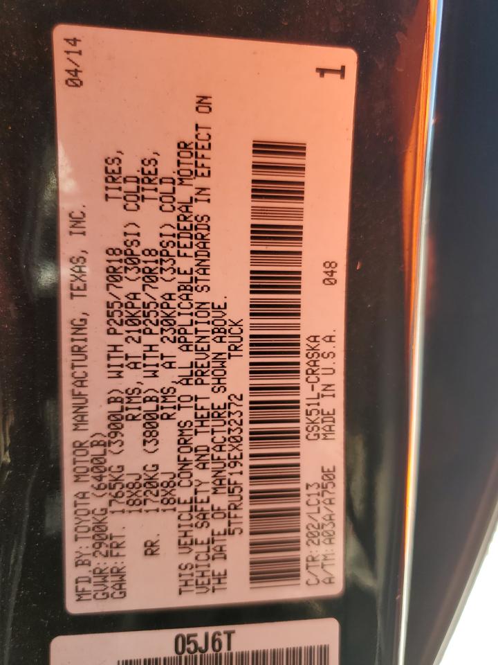 2014 Toyota Tundra VIN 5TFRU5F19EX032372 Copart auction photo, front end / minor dent/scratches damage thumbnail 12