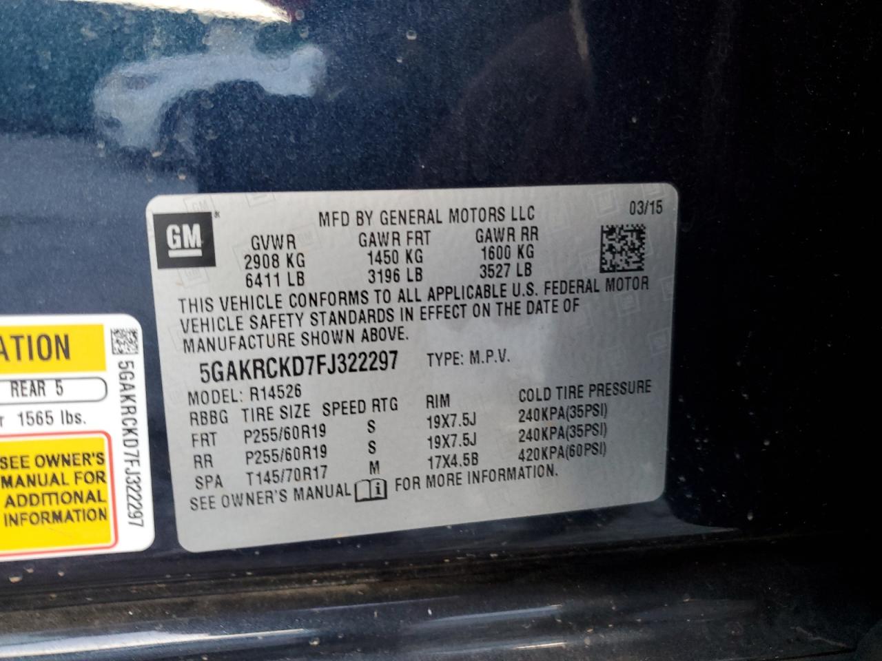 2015 Buick Enclave VIN 5GAKRCKD7FJ322297 Copart auction photo, front end / minor dent/scratches damage thumbnail 13