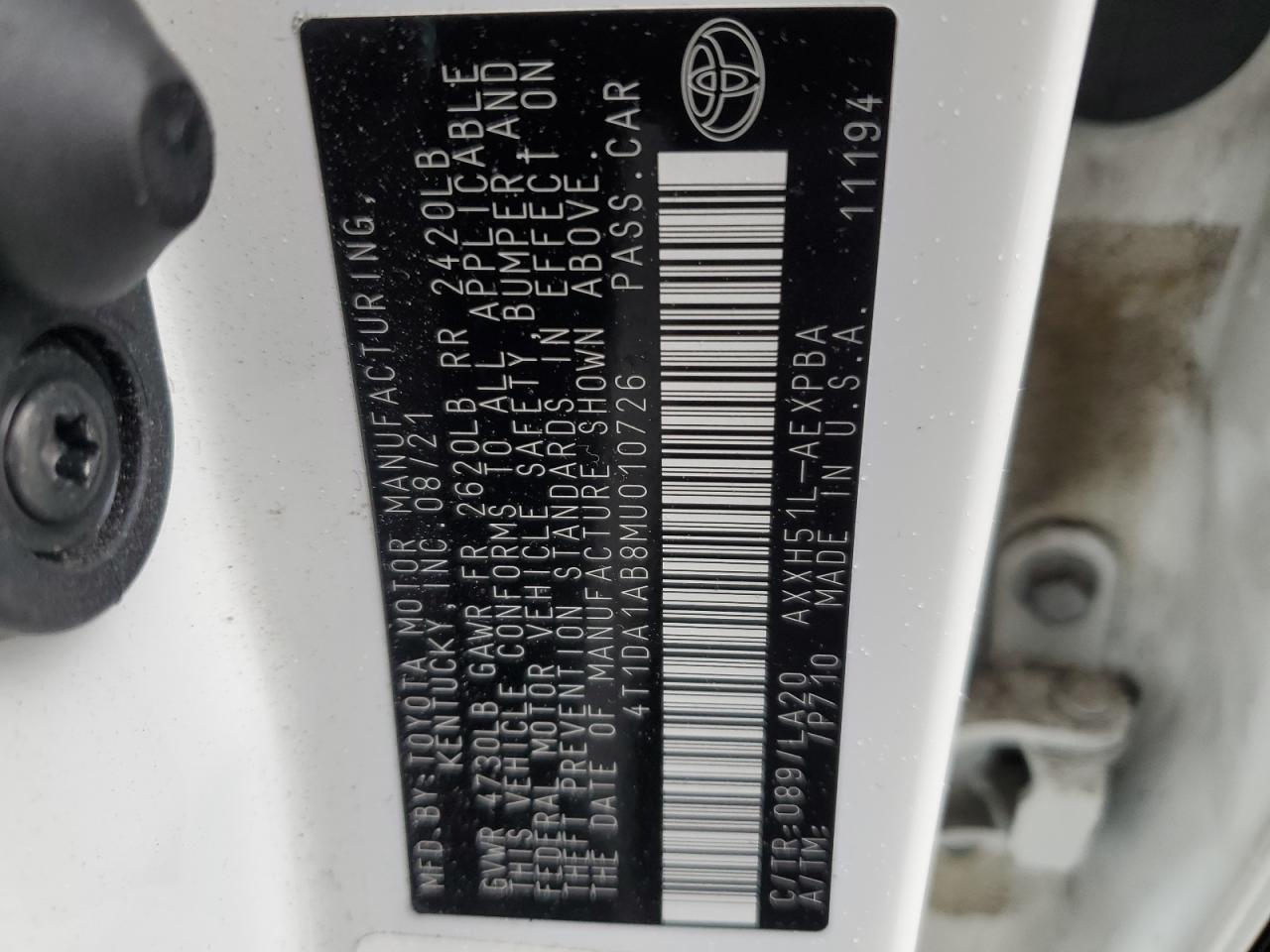 2021 Toyota Avalon VIN 4T1DA1AB8MU010726 Copart auction photo, front end damage thumbnail 12