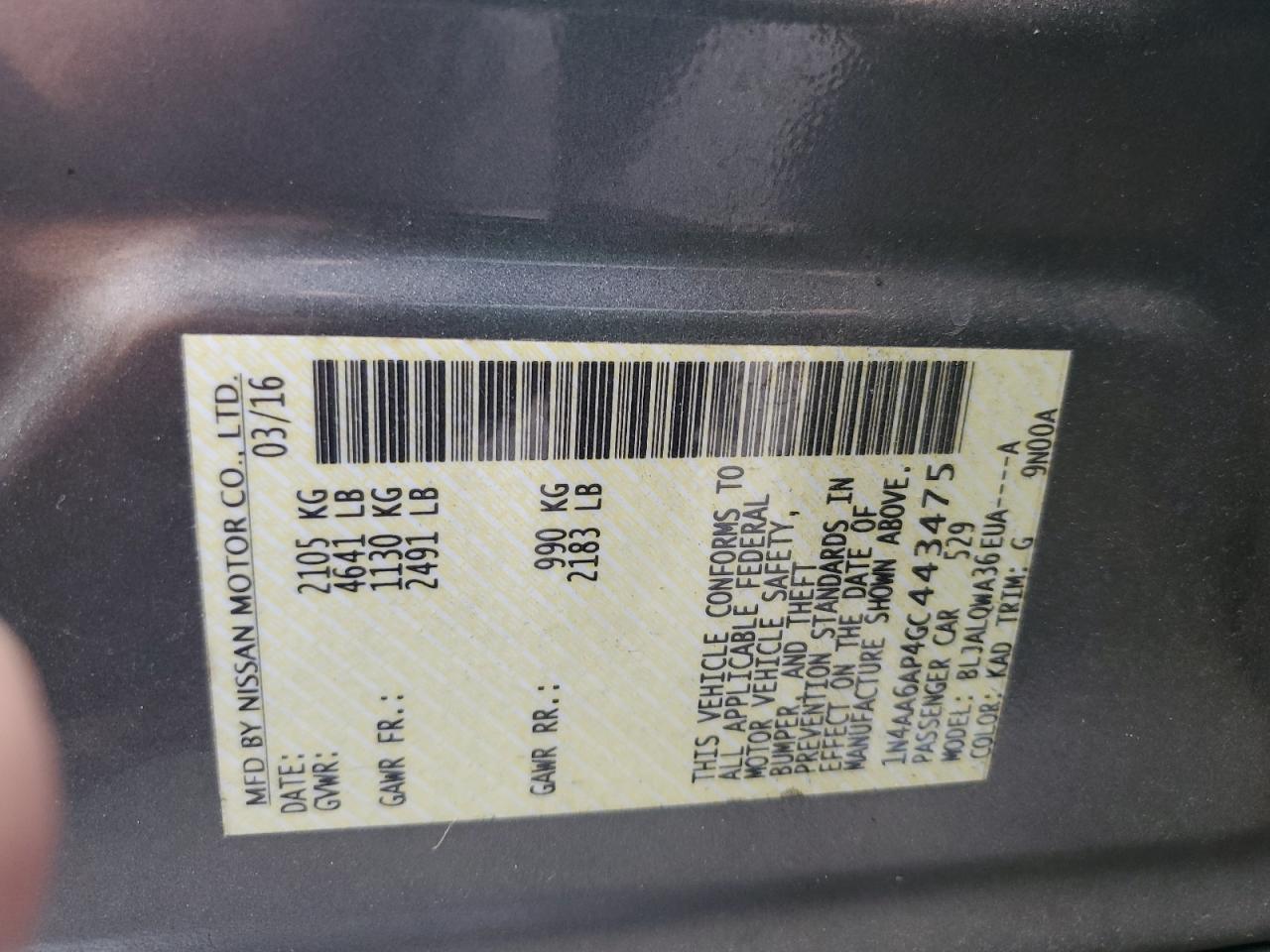 2016 Nissan Maxima VIN 1N4AA6AP4GC443475 Copart auction photo, rear end / minor dent/scratches damage thumbnail 15
