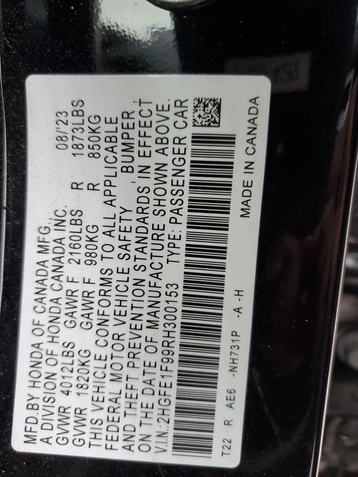 2024 Honda Civic VIN 2HGFE1F99RH300153 Copart auction photo, rear end / front end damage thumbnail 12