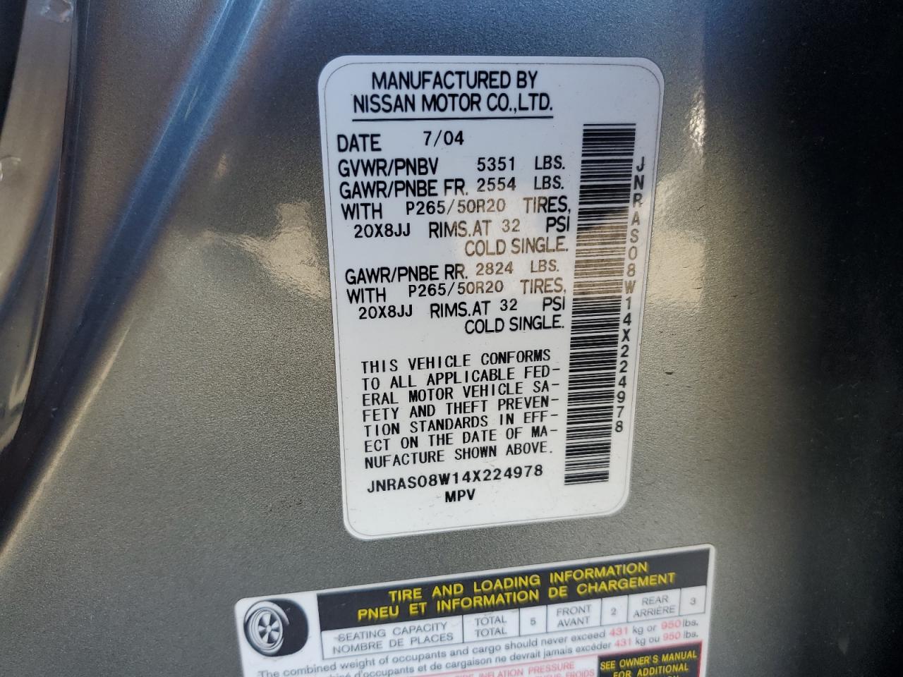 2004 Infiniti FX VIN JNRAS08W14X224978 Copart auction photo, front end damage thumbnail 13