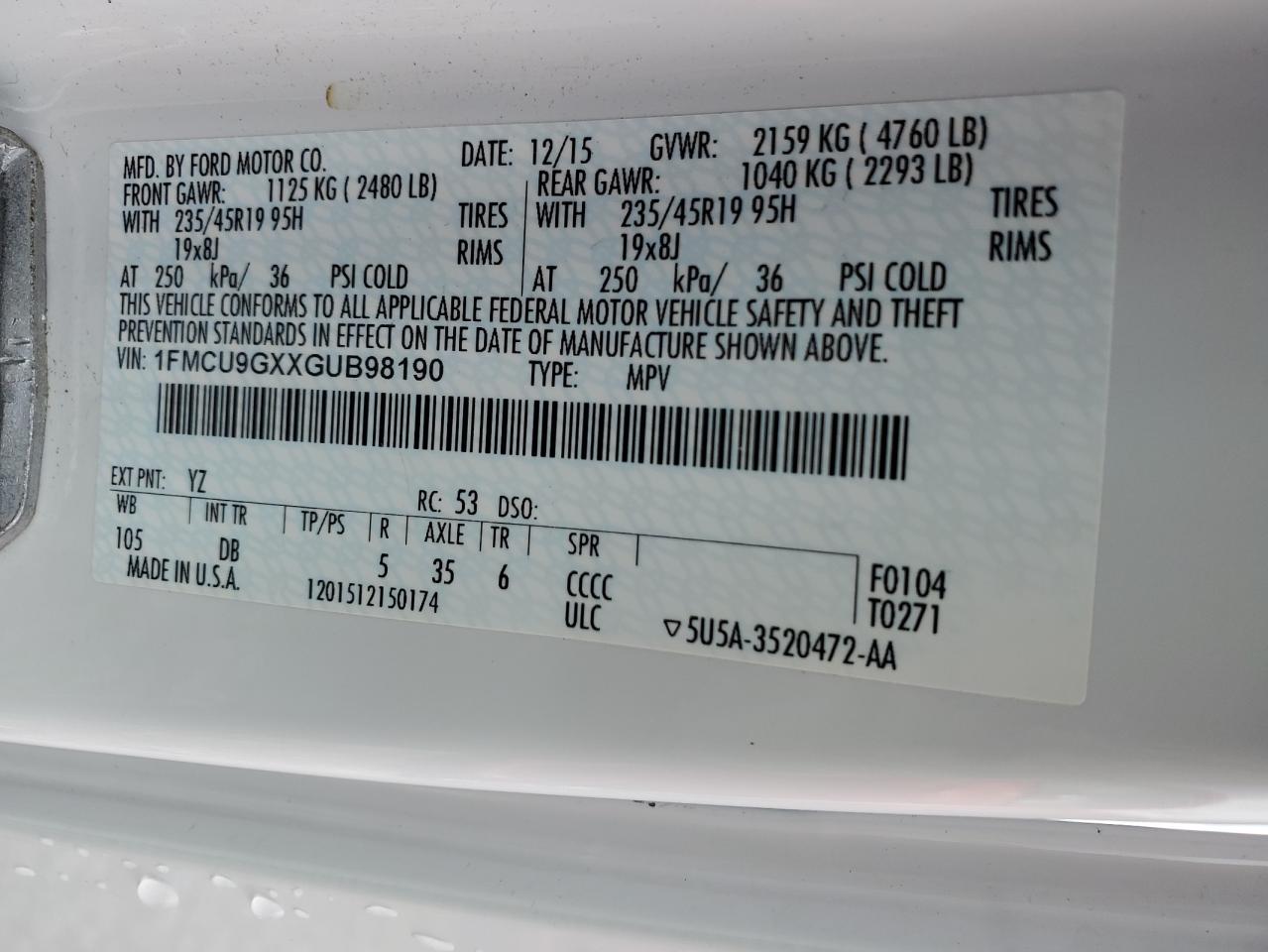 2016 Ford Escape VIN 1FMCU9GXXGUB98190 Copart auction photo, hail damage thumbnail 12
