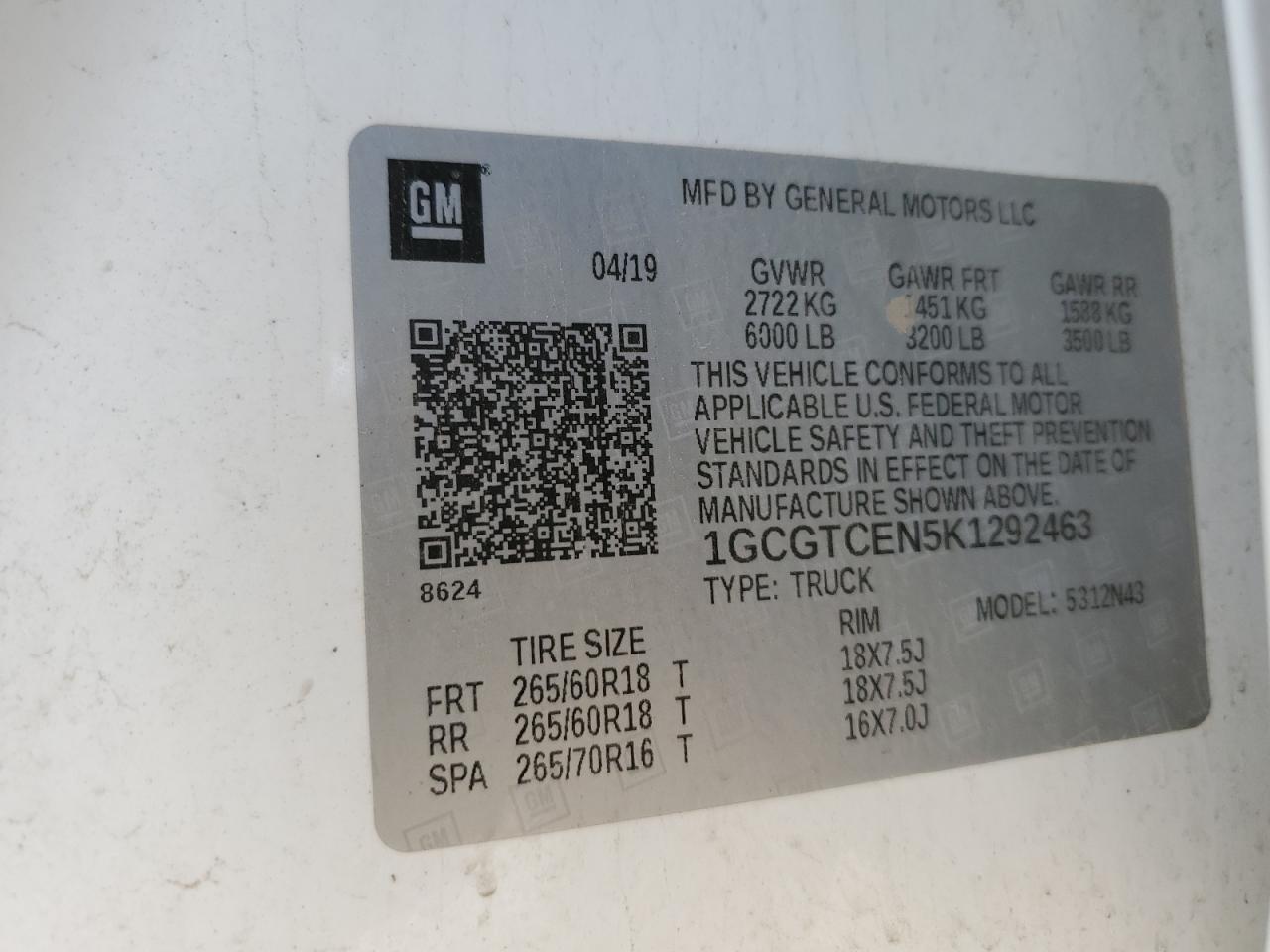 2019 Chevrolet Colorado VIN 1GCGTCEN5K1292463 Copart auction photo, front end damage thumbnail 13