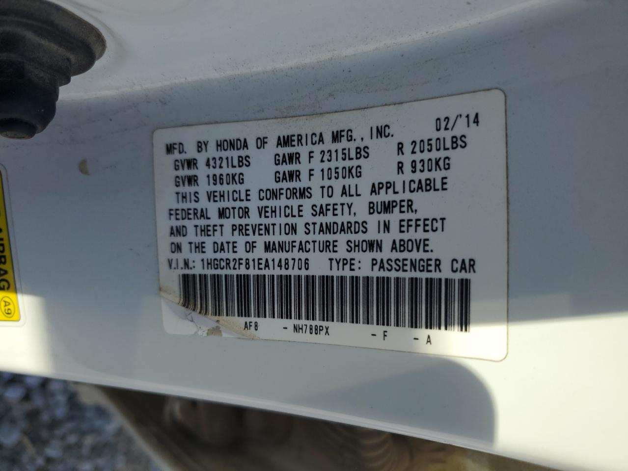 2014 Honda Accord VIN 1HGCR2F81EA148706 Copart auction photo, front end / rear end damage thumbnail 12