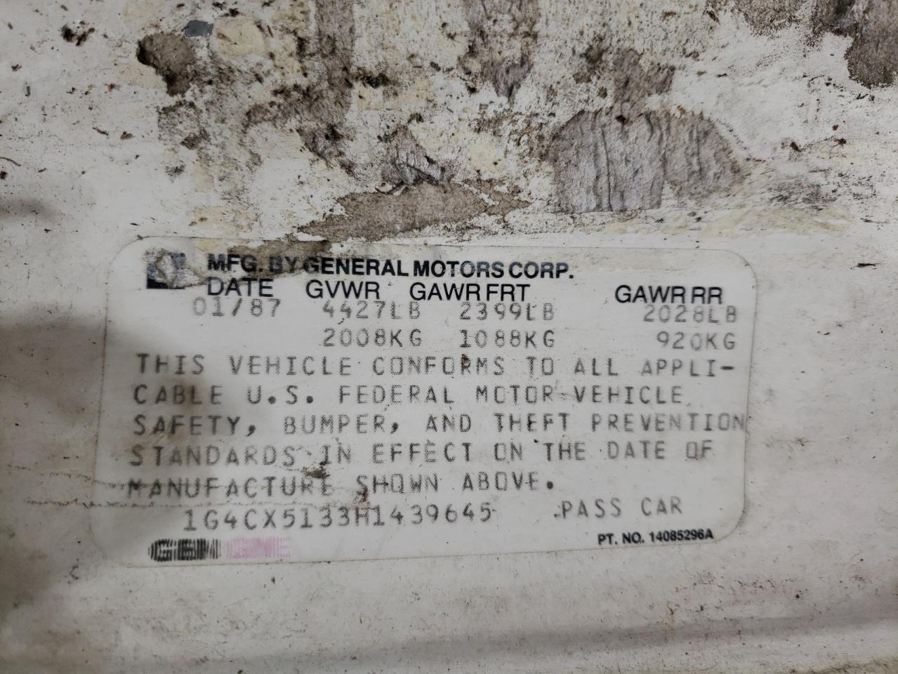 1987 Buick Electra VIN 1G4CX5133H1439645 Copart auction photo, rear end damage thumbnail 12