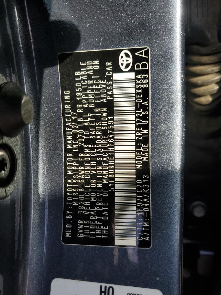 2017 Toyota Corolla VIN 5YFBURHE1HP647591 Copart auction photo, side / top/roof damage thumbnail 12