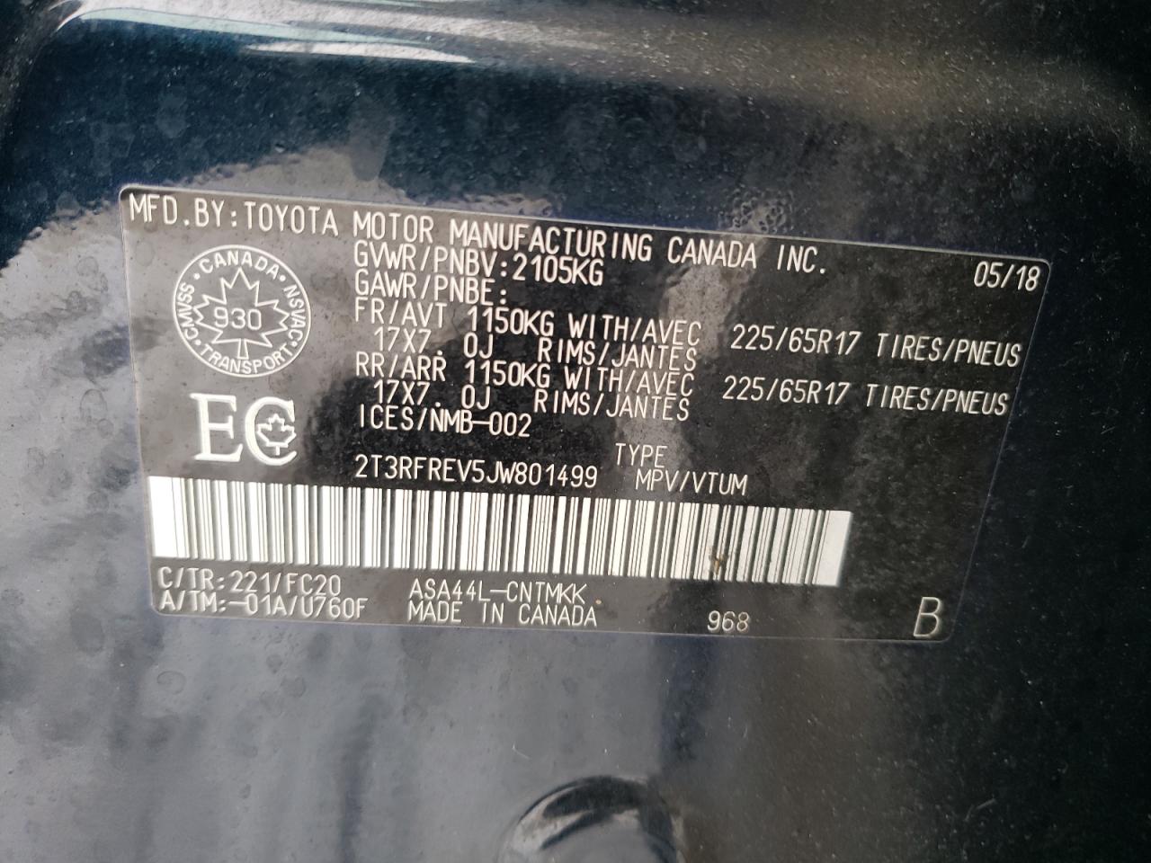 2018 Toyota RAV 4 VIN 2T3RFREV5JW801499 Copart auction photo, front end / side damage thumbnail 13