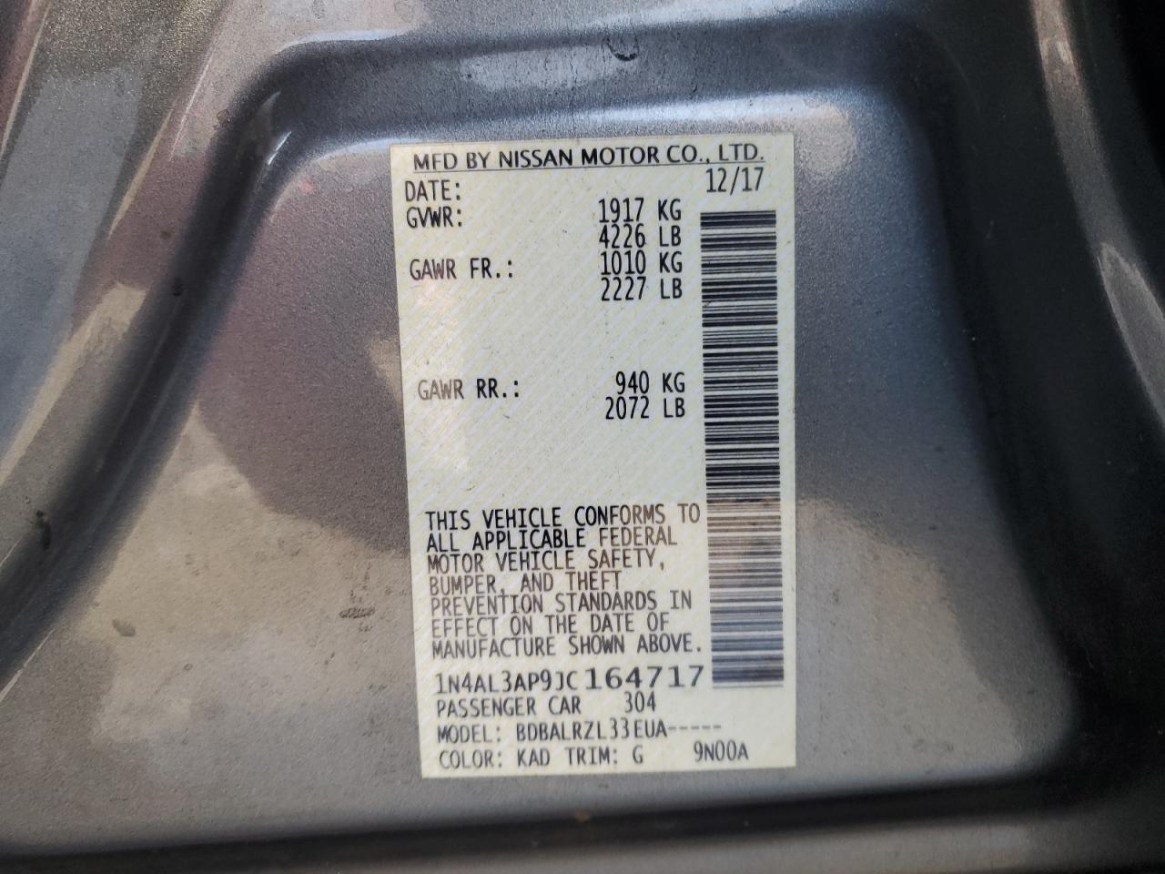 2018 Nissan Altima VIN 1N4AL3AP9JC164717 Copart auction photo, front end / side damage thumbnail 14