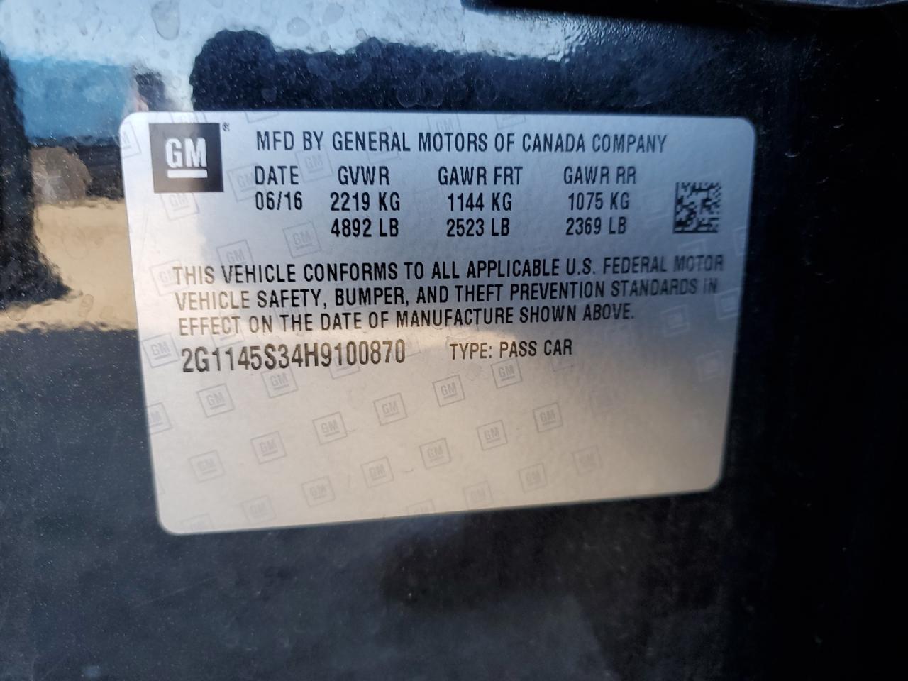 2017 Chevrolet Impala VIN 2G1145S34H9100870 Copart auction photo, front end / minor dent/scratches damage thumbnail 14