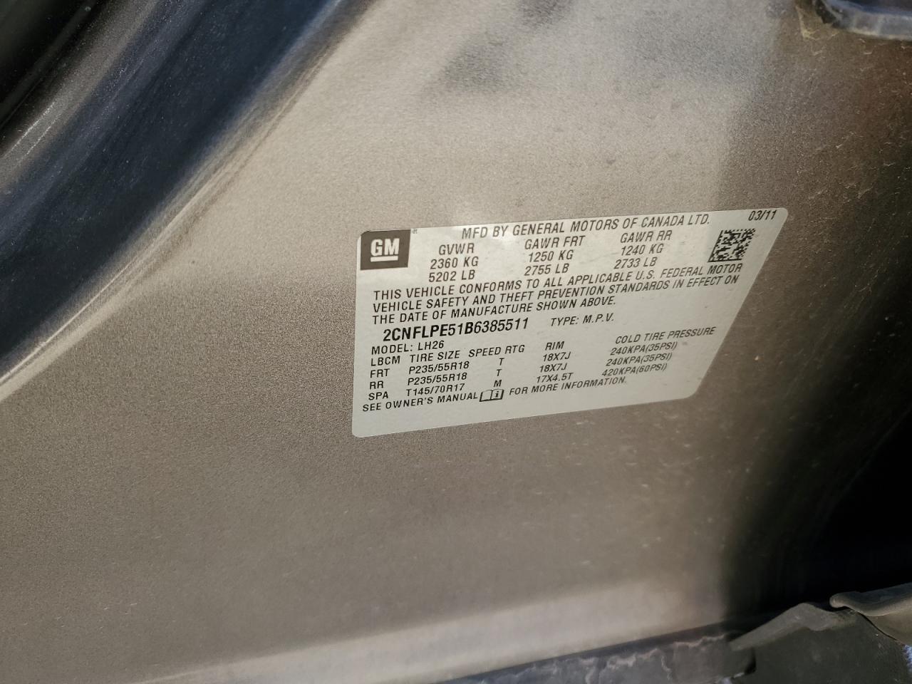 2011 Chevrolet Equinox VIN 2CNFLPE51B6385511 Copart auction photo, all over / undercarriage damage thumbnail 15