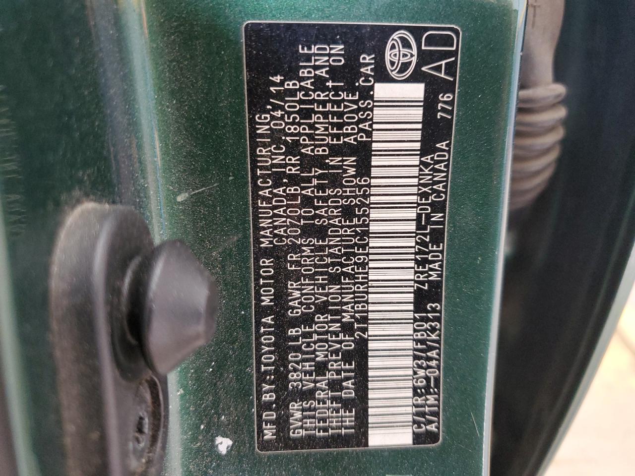 2014 Toyota Corolla VIN 2T1BURHE9EC155256 Copart auction photo, front end / burn - engine damage thumbnail 12