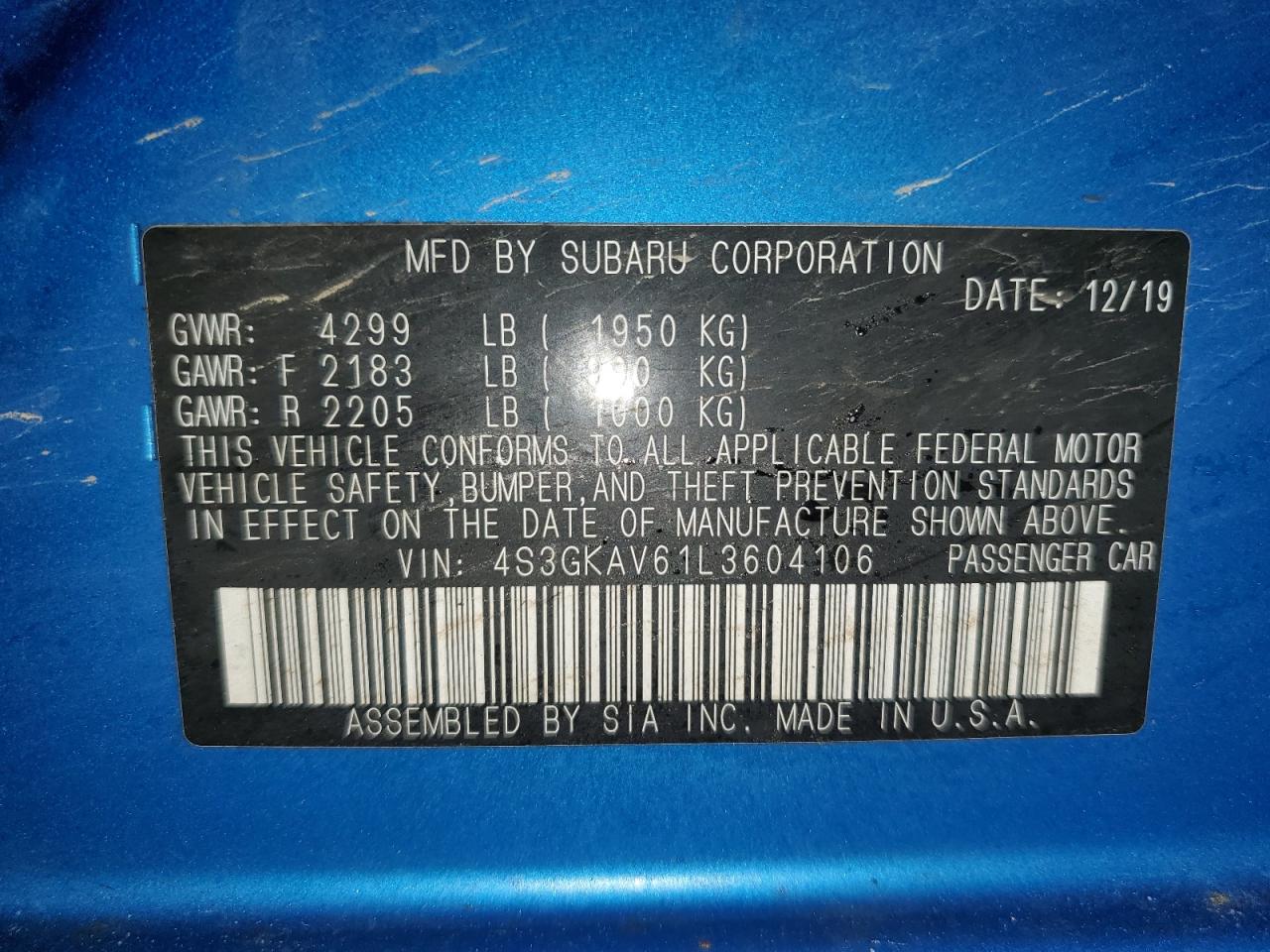 2020 Subaru Impreza VIN 4S3GKAV61L3604106 Copart auction photo, front end / mechanical damage thumbnail 13