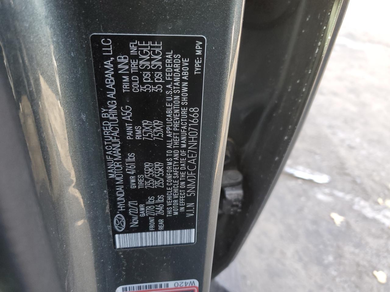 2022 Hyundai Tucson VIN 5NMJFCAE7NH071668 Copart auction photo, side damage thumbnail 13