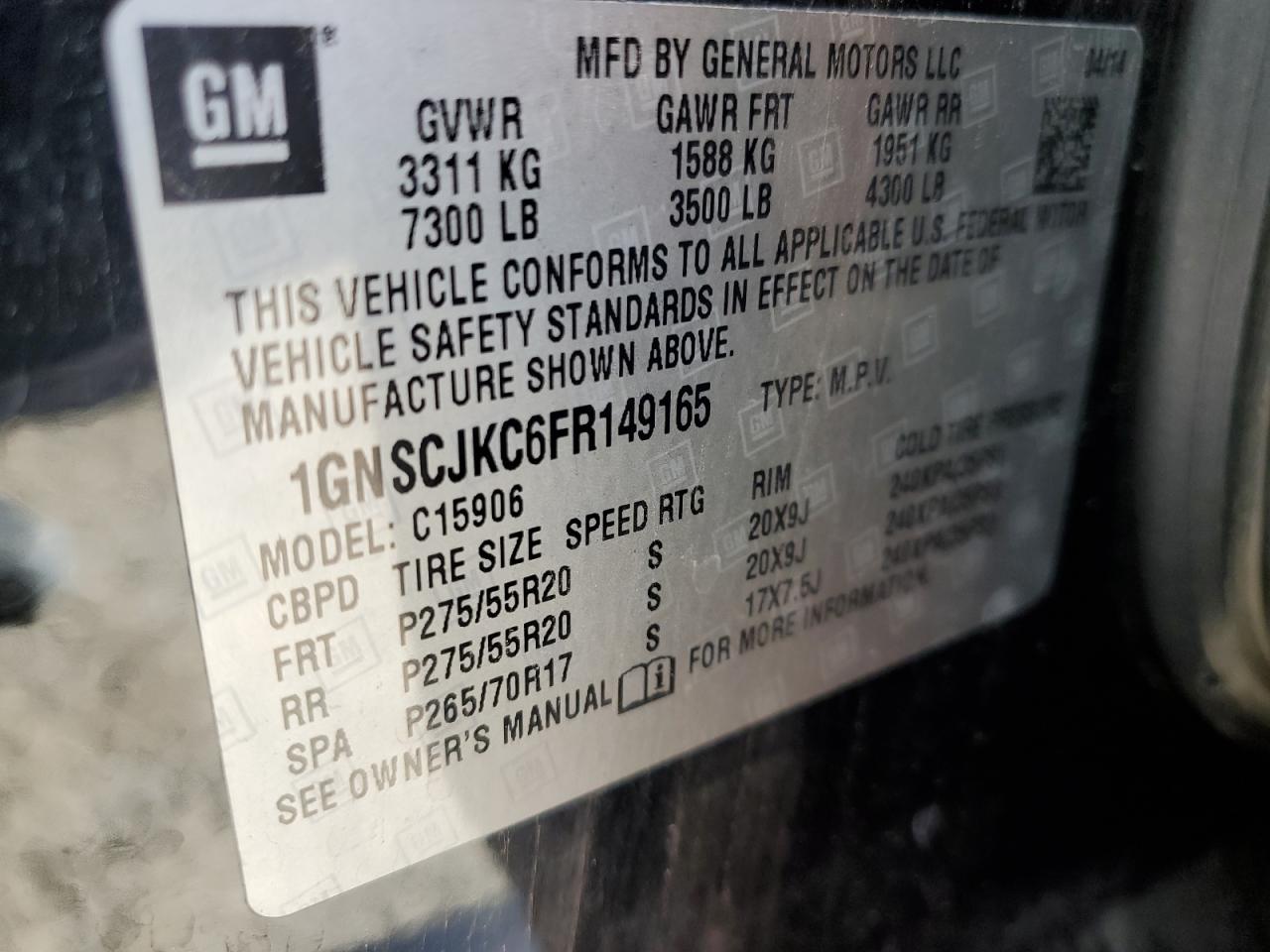 2015 Chevrolet Suburban VIN 1GNSCJKC6FR149165 Copart auction photo, minor dent/scratches damage thumbnail 13