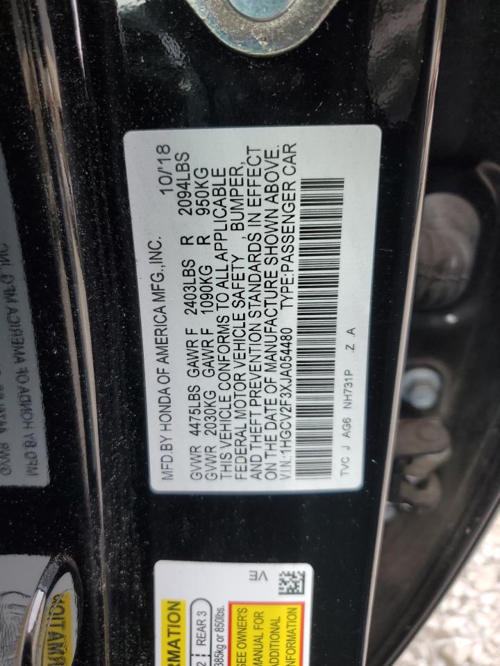 2018 Honda Accord VIN 1HGCV2F3XJA054480 Copart auction photo, rear end / front end damage thumbnail 12
