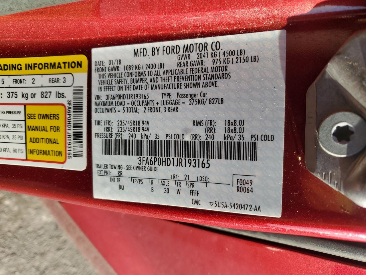 2018 Ford Fusion VIN 3FA6P0HD1JR193165 Copart auction photo, undercarriage damage thumbnail 12