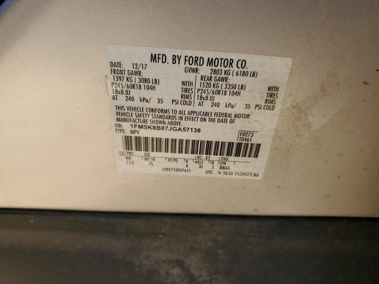 2018 Ford Explorer VIN 1FM5K8B87JGA57138 Copart auction photo, front end damage thumbnail 13