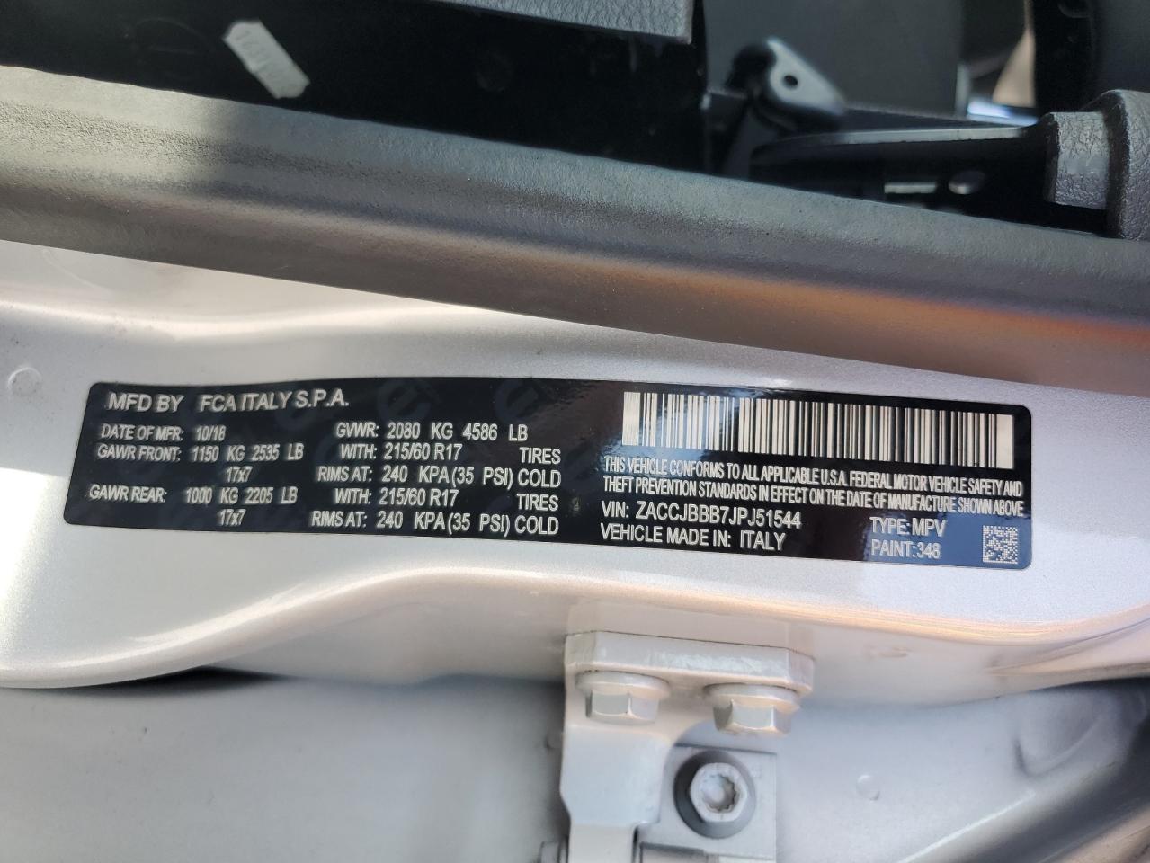 2018 Jeep Renegade VIN ZACCJBBB7JPJ51544 Copart auction photo, front end / side damage thumbnail 16