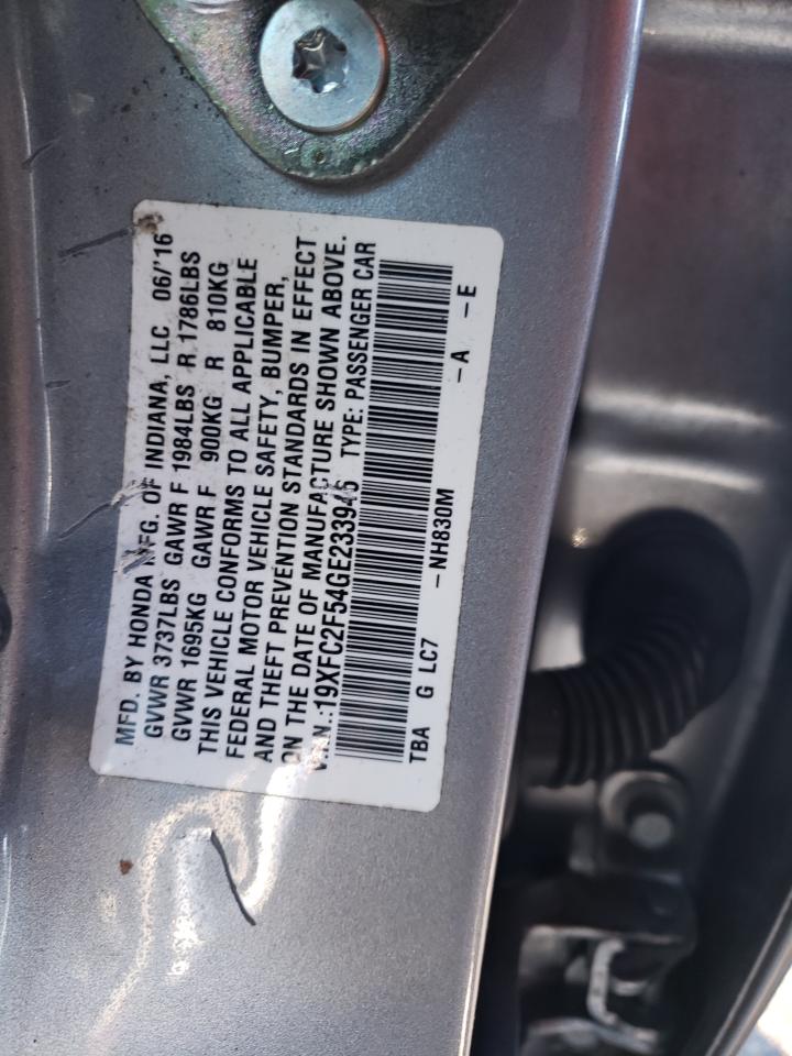 2016 Honda Civic VIN 19XFC2F54GE233946 Copart auction photo, front end / side damage thumbnail 12