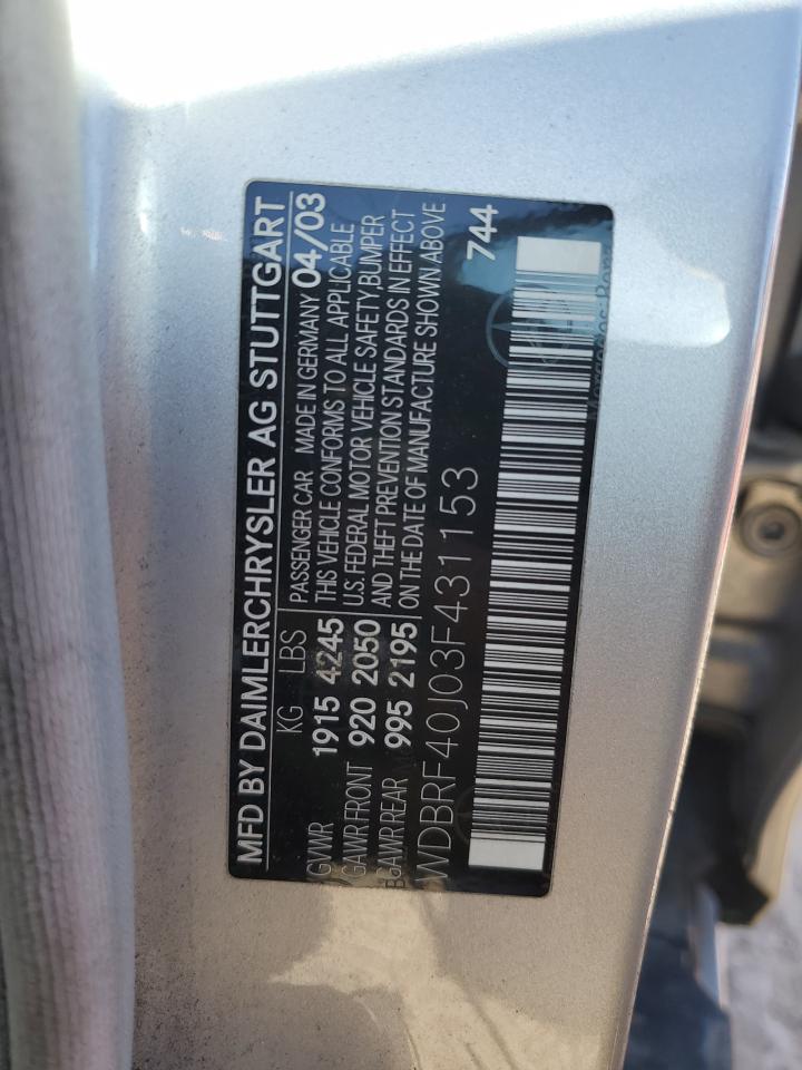 2003 Mercedes-Benz C-klasse VIN WDBRF40J03F431153 Copart auction photo, normal wear damage thumbnail 12