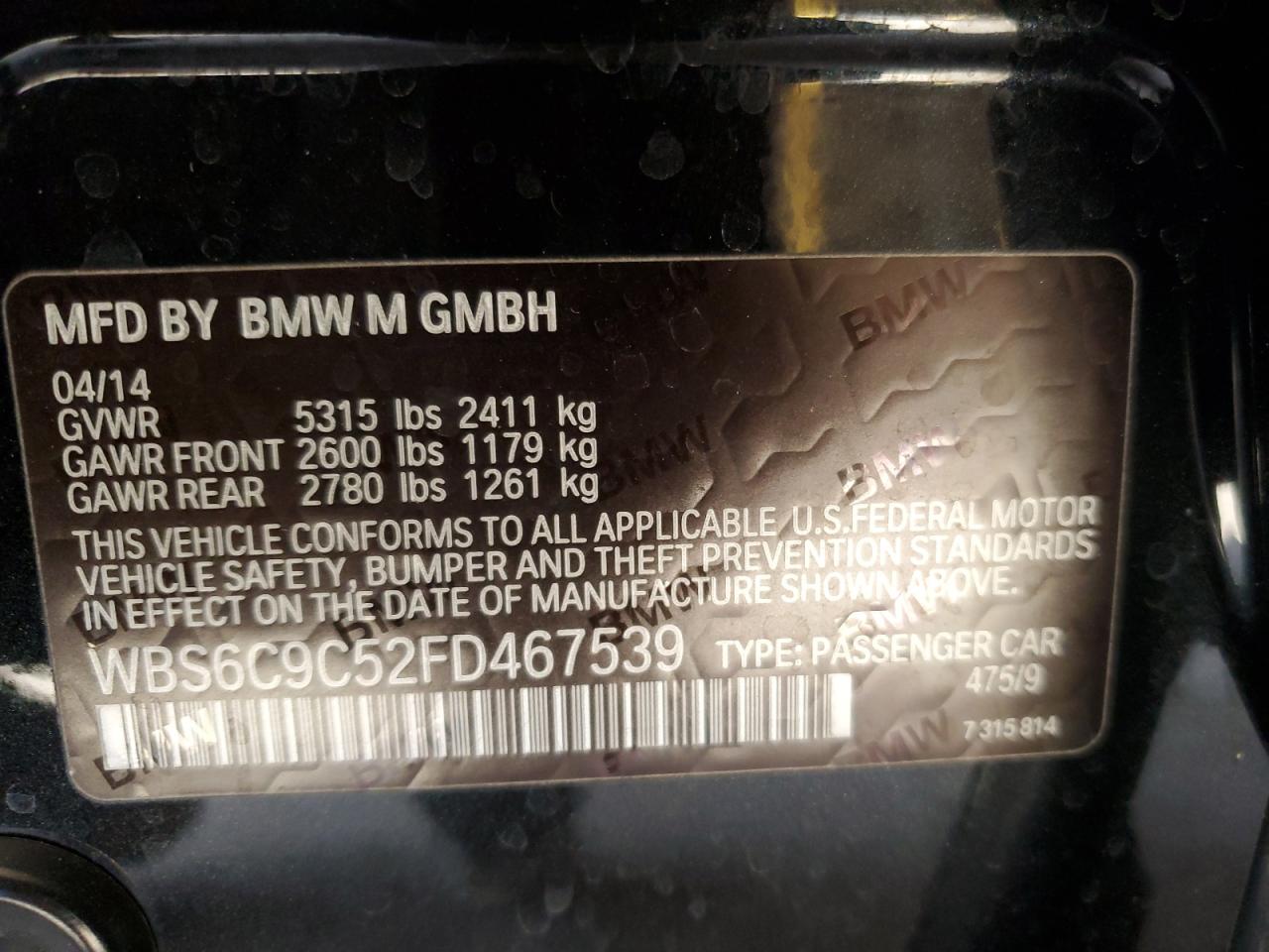 2015 BMW M6 VIN WBS6C9C52FD467539 Copart auction photo, mechanical / minor dent/scratches damage thumbnail 12