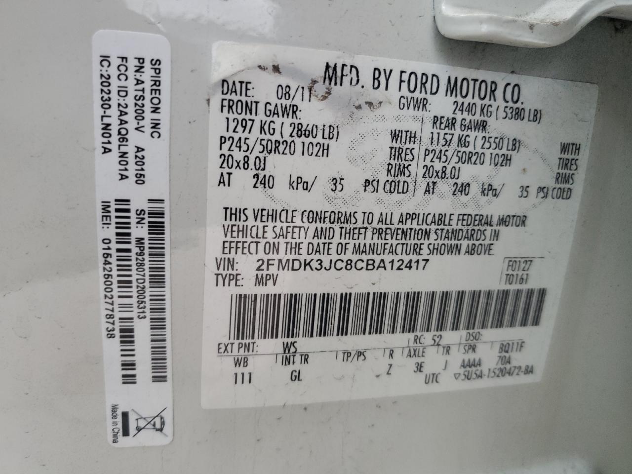 2012 Ford Edge VIN 2FMDK3JC8CBA12417 Copart auction photo, all over / undercarriage damage thumbnail 13