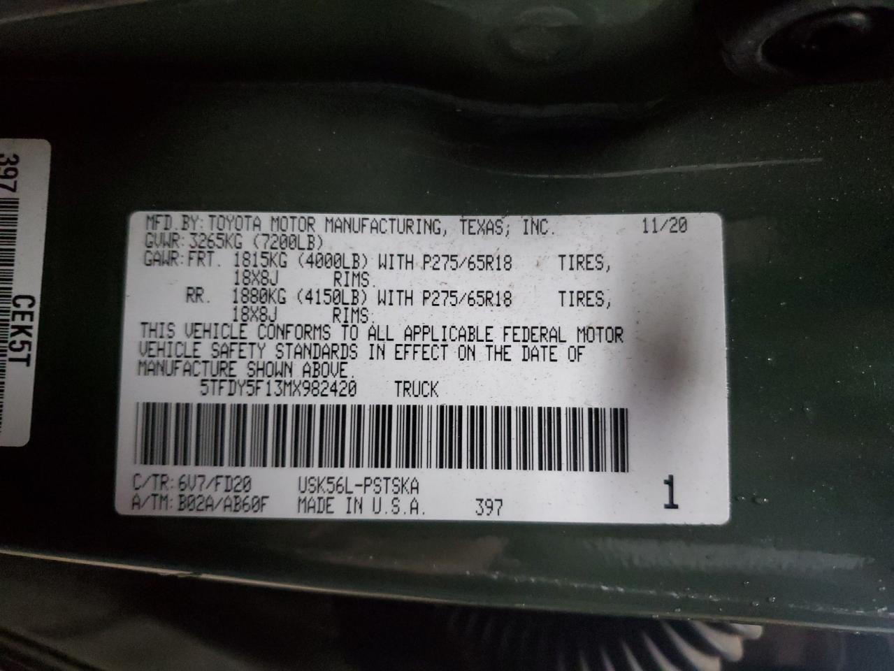 2021 Toyota Tundra VIN 5TFDY5F13MX982420 Copart auction photo, rollover / undercarriage damage thumbnail 13