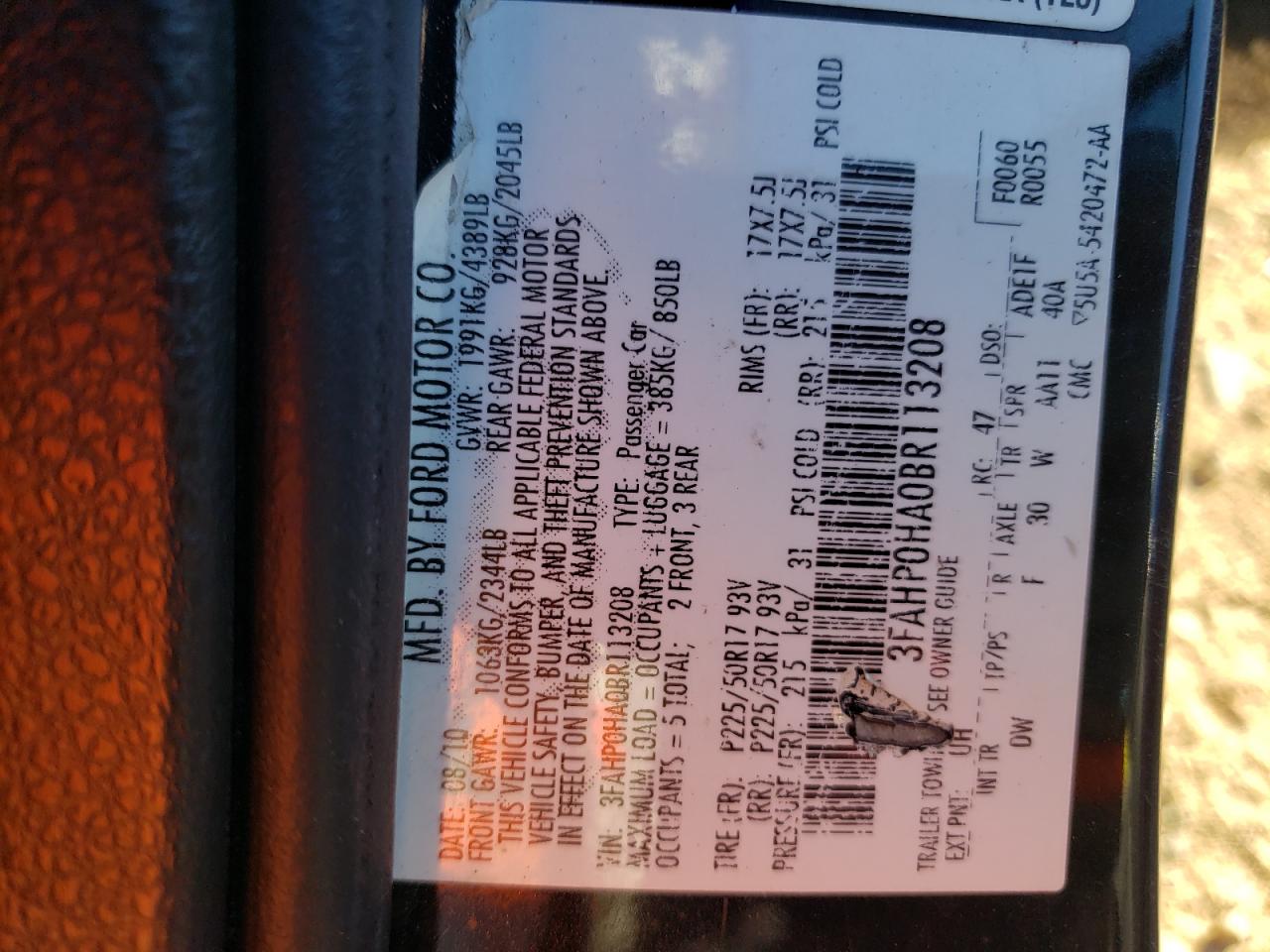 2011 Ford Fusion VIN 3FAHP0HA0BR113208 Copart auction photo, rear end / minor dent/scratches damage thumbnail 12
