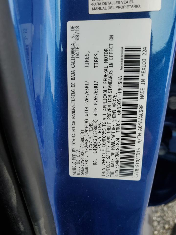 2018 Toyota Tacoma VIN 3TMCZ5AN4JM181824 Copart auction photo, top/roof damage thumbnail 12