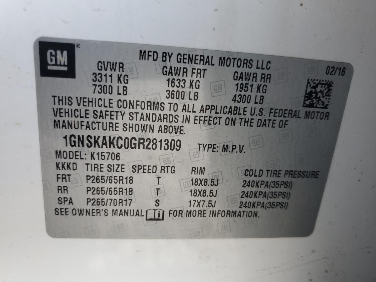 2016 Chevrolet Tahoe VIN 1GNSKAKC0GR281309 Copart auction photo, front end damage thumbnail 14